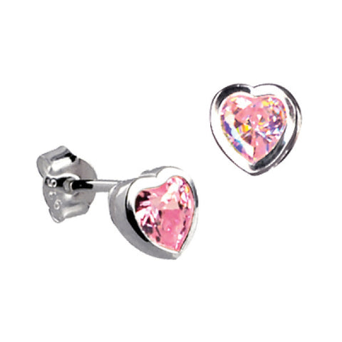 Sterling Silver Pink Cubic Zirconia Heart Stud Earrings