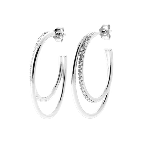 Sterling Silver Double Loop CZ Stud Earrings