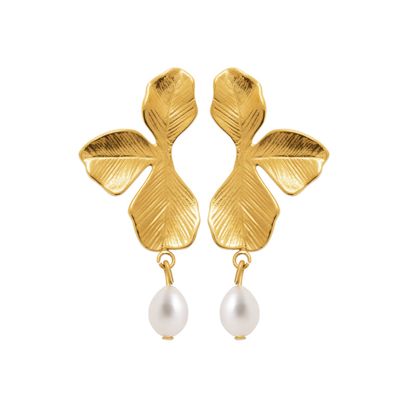AIME-TOI Gold Plated Stainless Steel Imitation Pearl Flower Stud Earrings