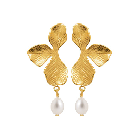 AIME-TOI Gold Plated Stainless Steel Imitation Pearl Flower Stud Earrings