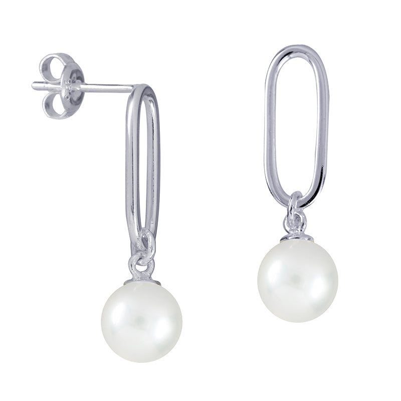 Sterling Silver Freshwater Pearl Paperclip Stud Drop Earrings