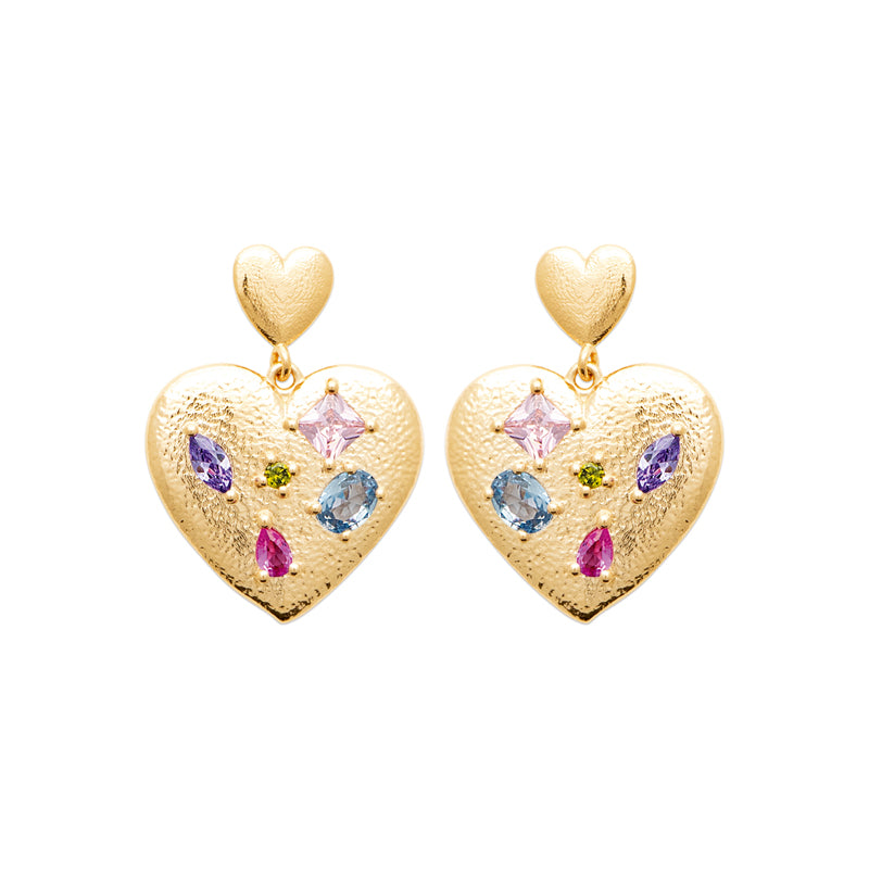 AIME-TOI Yellow Gold Plated Multi Coloured Stone Heart Stud Earrings