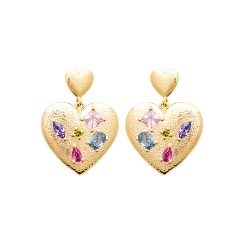 AIME-TOI Yellow Gold Plated Multi Coloured Stone Heart Stud Earrings