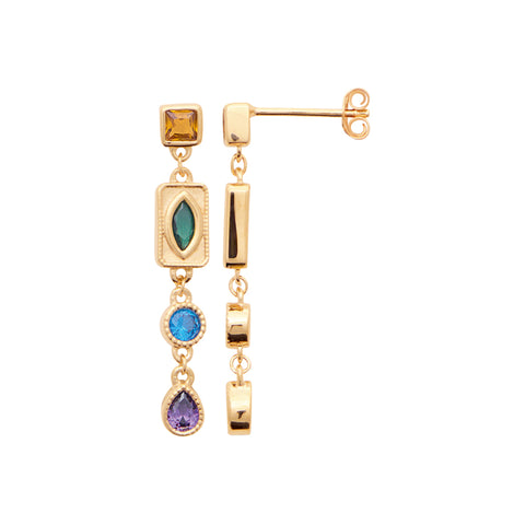 AIME-TOI Yellow Gold Plated Multi Coloured Stone Drop Stud Earrings