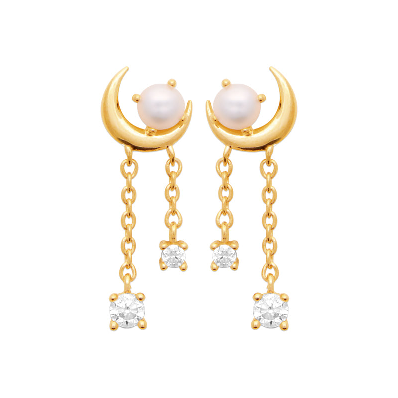 AIME-TOI Yellow Gold Plated Moon With CZ Drop Stud Earrings