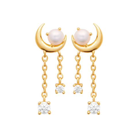 AIME-TOI Yellow Gold Plated Moon With CZ Drop Stud Earrings