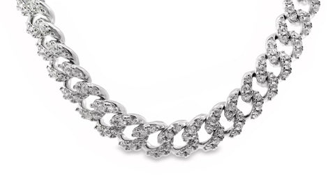 Sterling Silver Pave Set CZ Cuban Chain Necklace 45cm