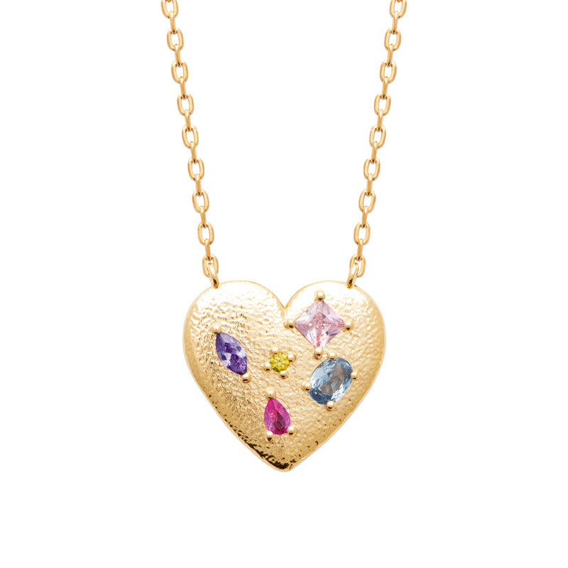 AIME-TOI Yellow Gold Plated Multi Coloured Stone Heart Necklace