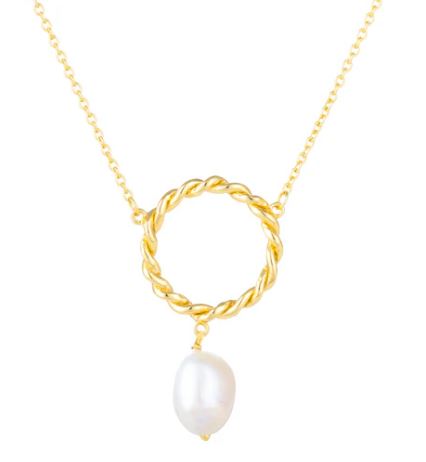 Chryssa Freshwater Pearl With Circle Pendant Gold Plated Necklace