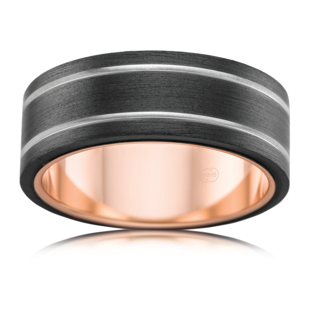Zirconium and Rose Gold Wedding Ring with Stripes