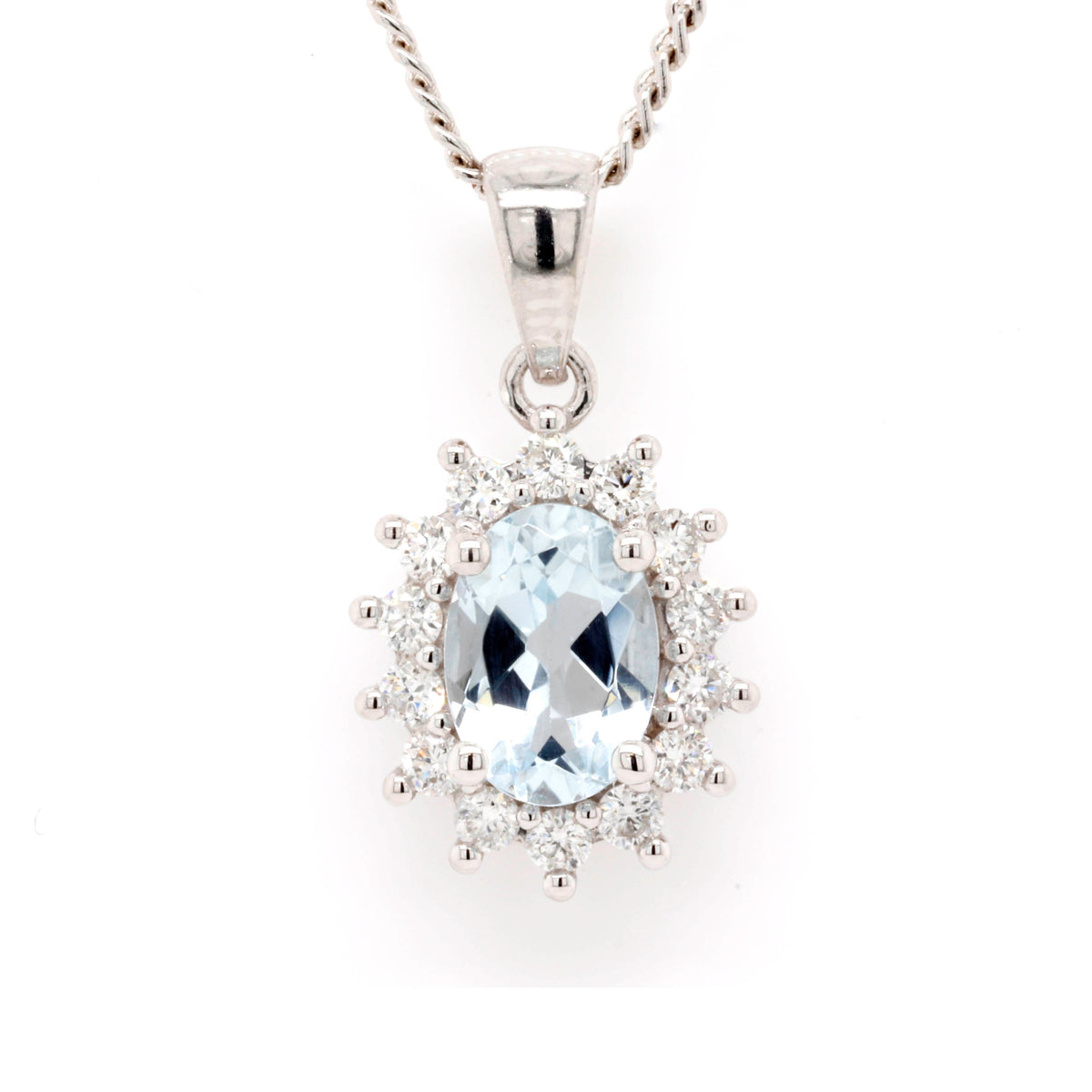 9ct White Gold Aquamarine And Diamond Halo Pendant