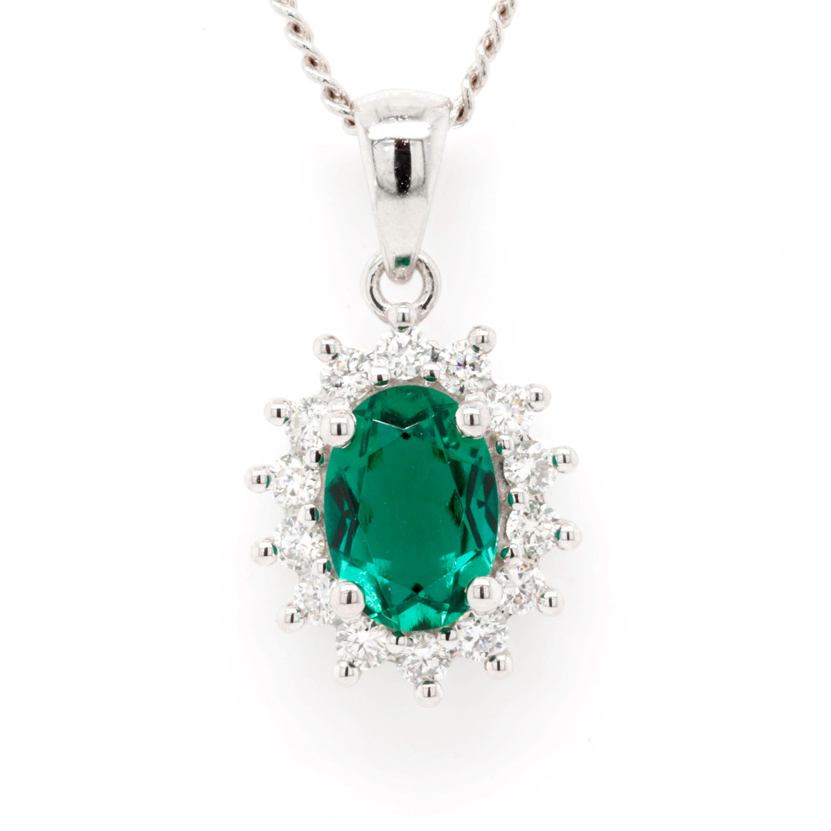 9ct White Gold Lab Grown Emerald and Diamond Pendant