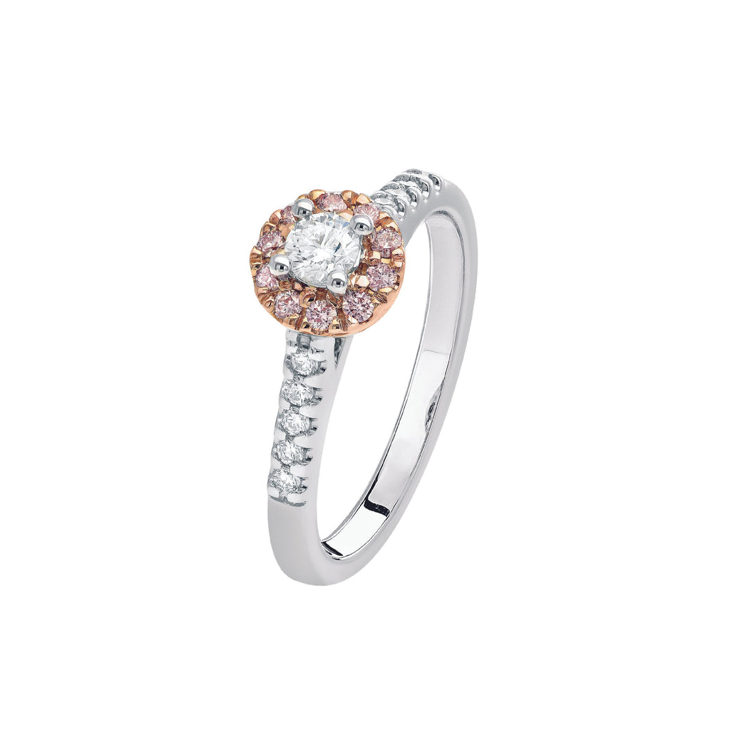 18ct White and Rose Gold Diamond Engagement Ring with Pink diamond Halo