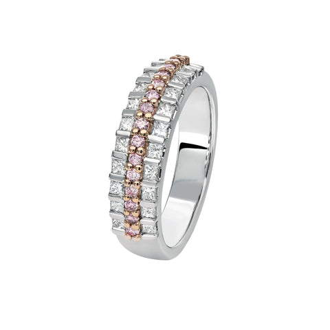 18ct White and Rose Gold Triple Row Dress Ring with Pink Kimberley Diamonds