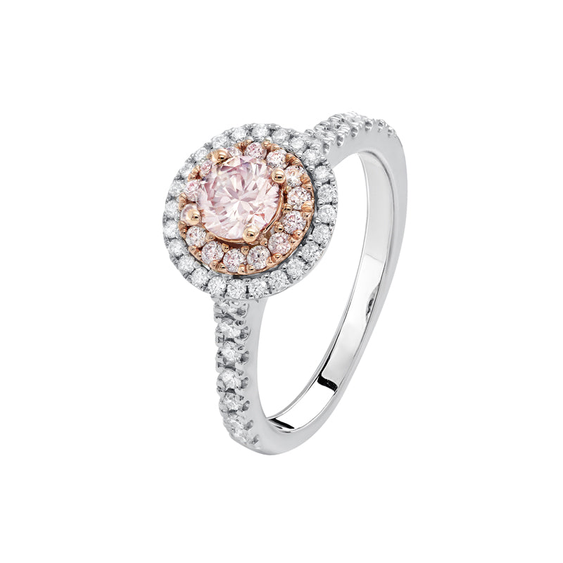 18ct White and Rose Gold Pink Diamond Halo Style Engagement Ring With Pink Kimberley Diamonds