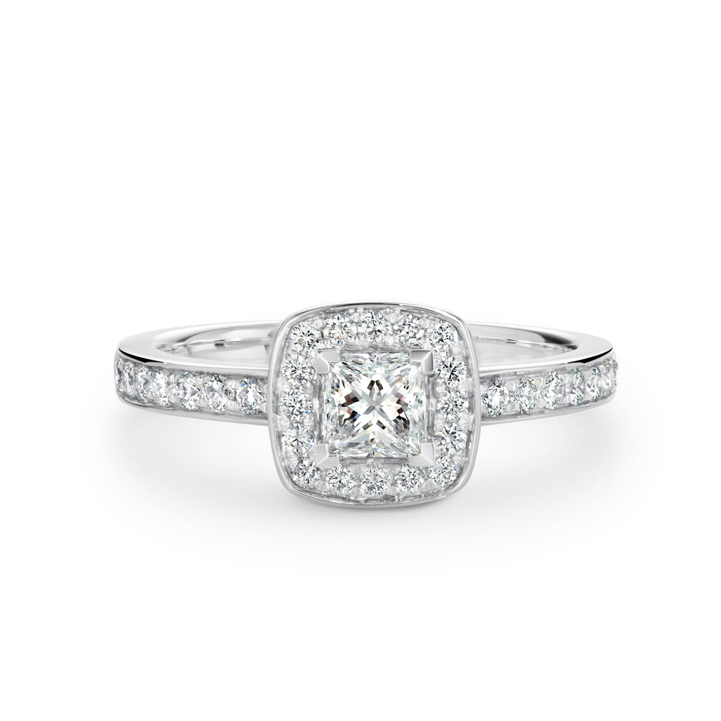 18ct White Gold Princess Cut Diamond Halo Ring TDW = 0.77ct