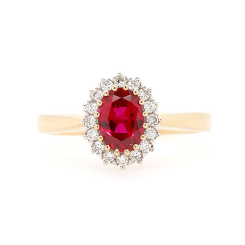 9ct Yellow Gold Vintage Style Created Ruby & Diamond Cluster Ring