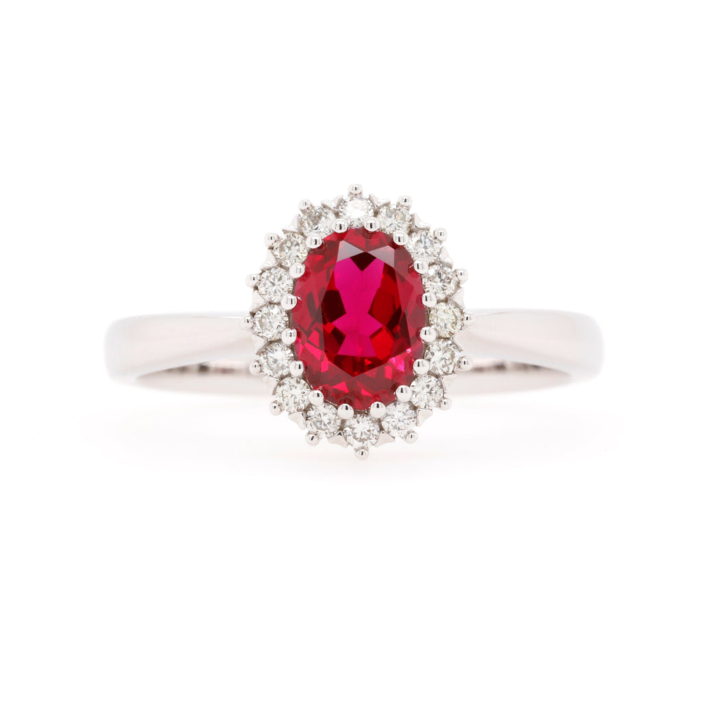 9ct White Gold Vintage Style Created Ruby & Diamond Cluster Ring