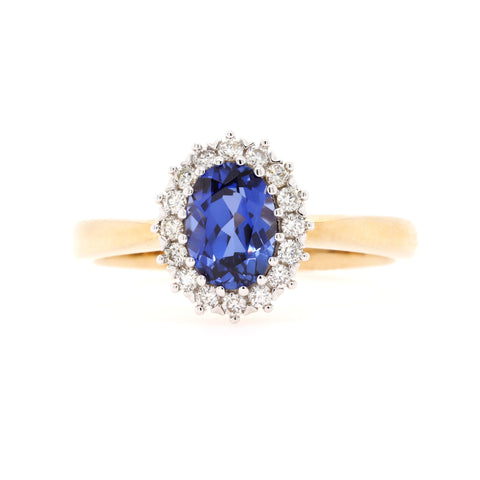 9ct Yellow Gold Vintage Style Created Sapphire & Diamond Cluster Ring