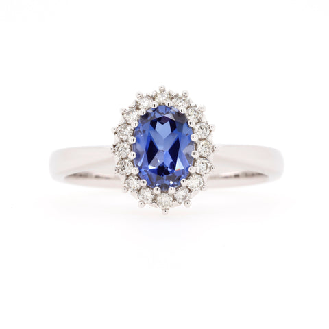 9ct White Gold Vintage Style Created Sapphire & Diamond Cluster Ring