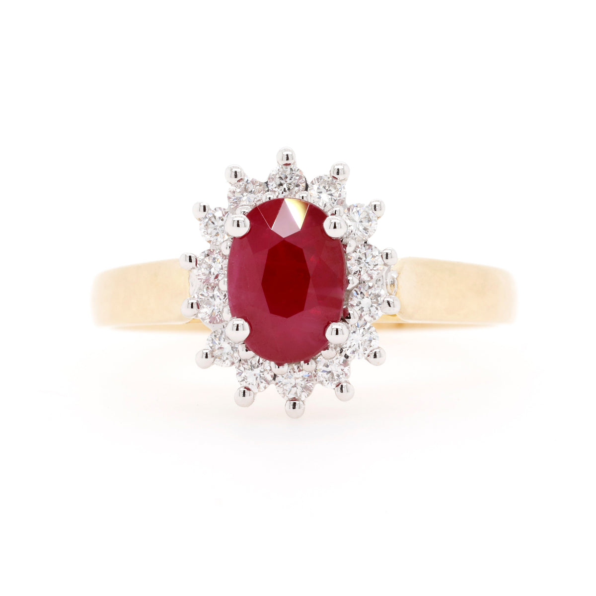 9ct Yellow Gold Natural Ruby And Diamond Halo Ring