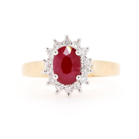 9ct Yellow Gold Natural Ruby And Diamond Halo Ring