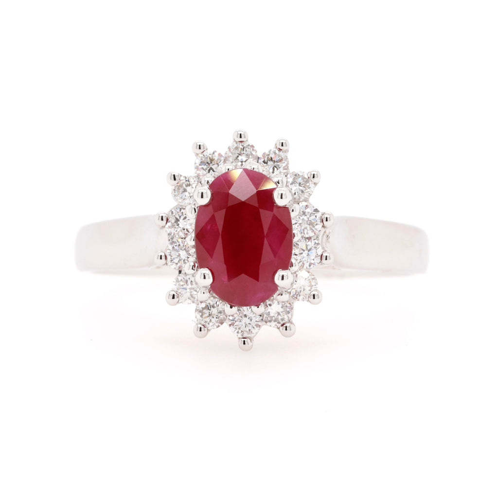 9ct White Gold Classic Cluster Style Natural Ruby & Diamond Ring