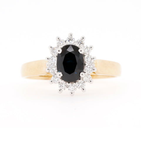 9ct Yellow Gold Natural Sapphire And Diamond Halo Ring