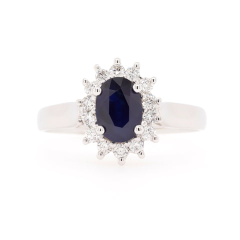 9ct White Gold Classic Cluster Style Natural Sapphire & Diamond Ring