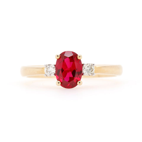 9ct Yellow Gold Created Ruby and Diamond Three Stone Ring