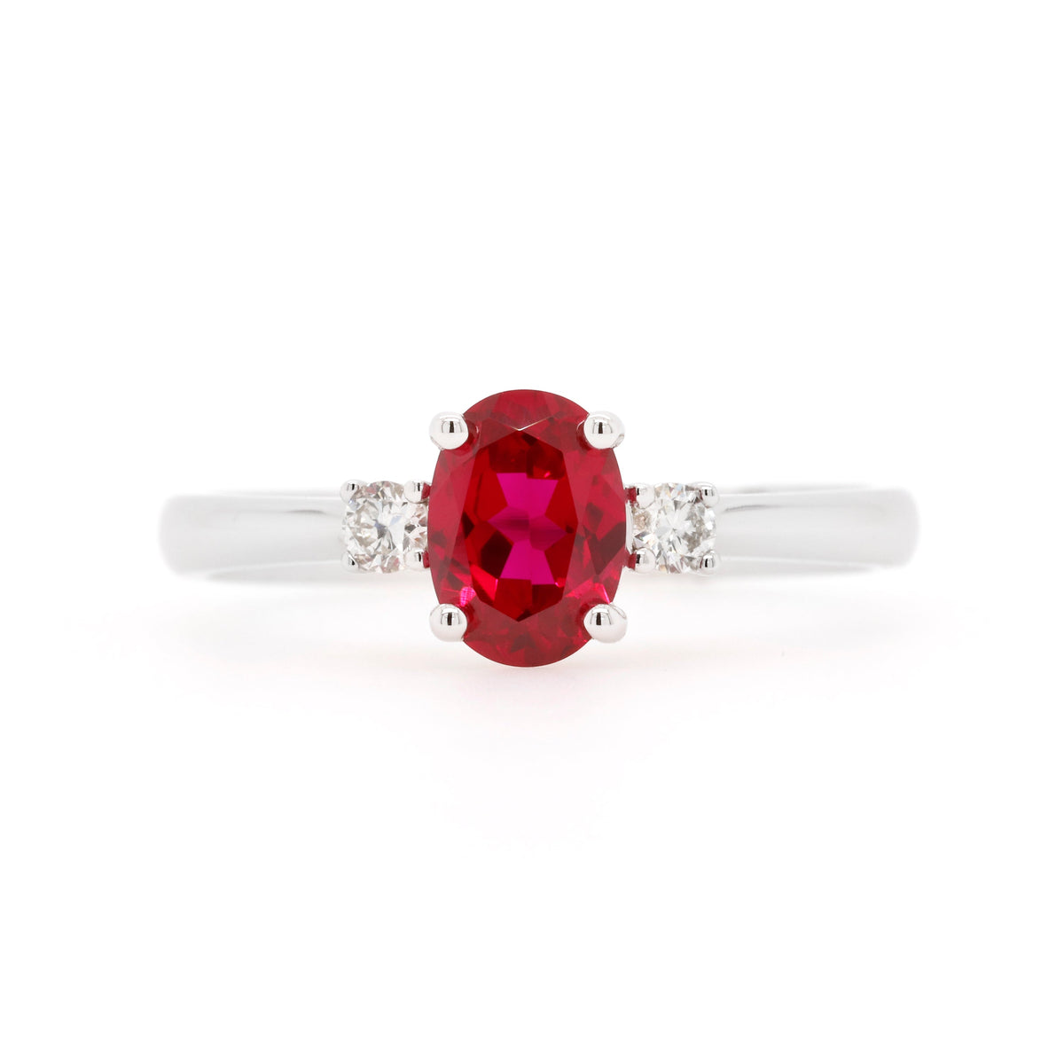 9ct White Gold Created Ruby and Diamond Three Stone Ring