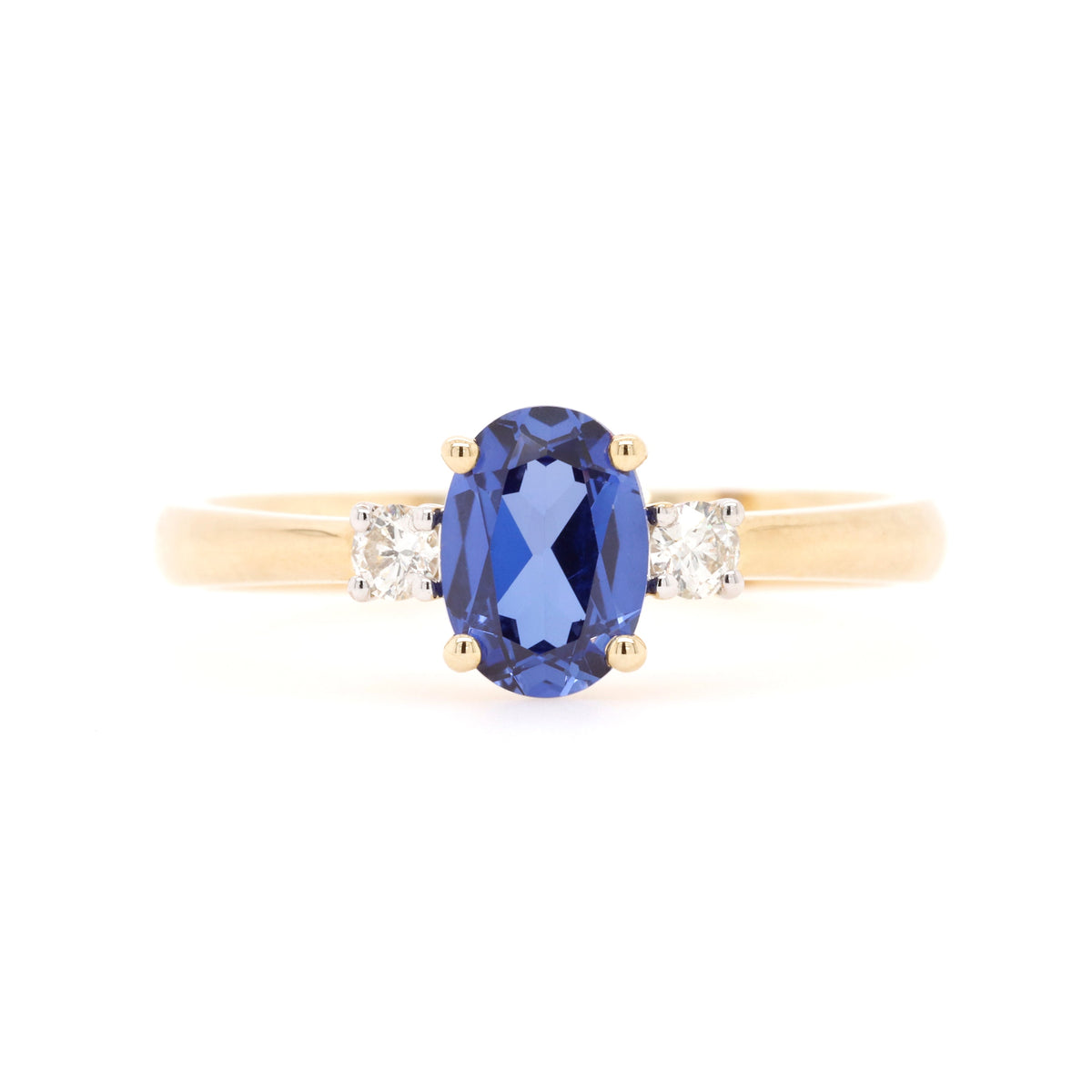 9ct Yellow Gold Created Sapphire and Diamond Three Stone Ring