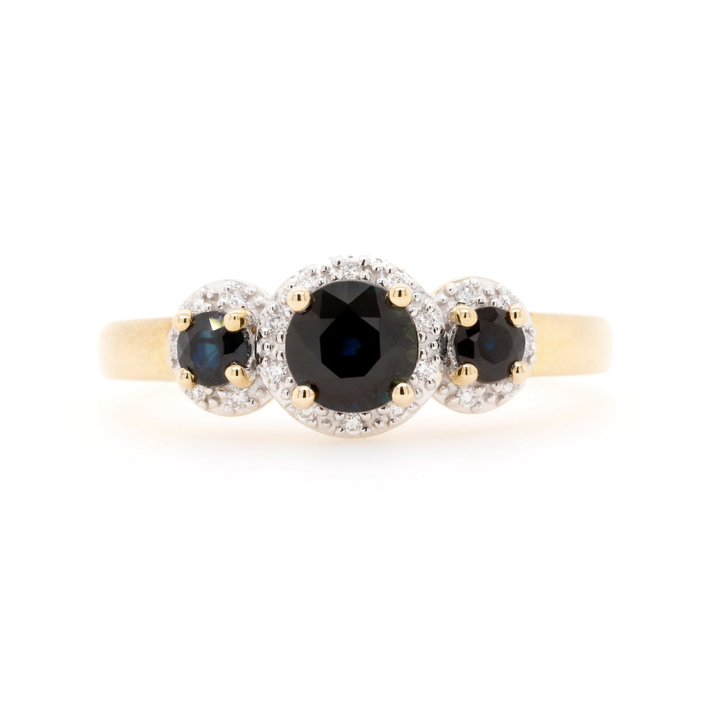9ct Yellow Gold Natural Sapphire and Diamond Three Stone Halo Ring