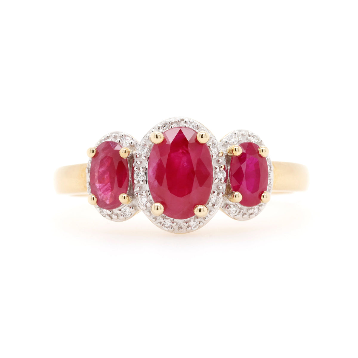 9ct Yellow Gold Natural Ruby and Diamond Three Stone Halo Ring