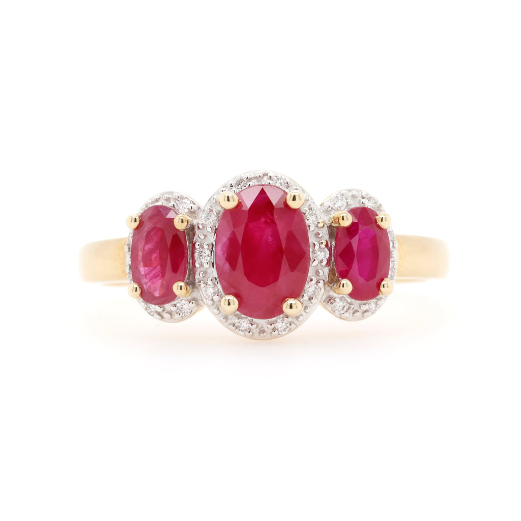 9ct Yellow Gold Natural Ruby and Diamond Three Stone Halo Ring