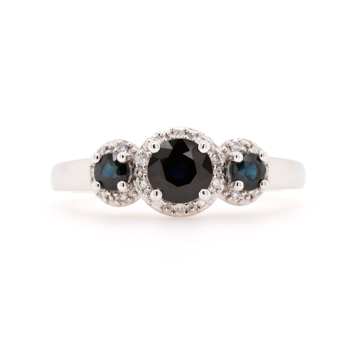 9ct White Gold Natural Sapphire and Diamond Three Stone Halo Ring