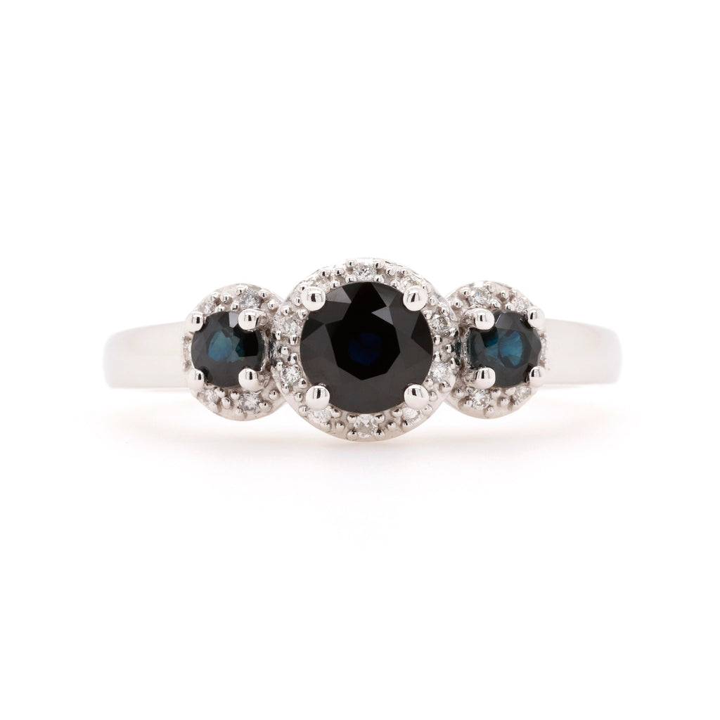 9ct White Gold Natural Sapphire and Diamond Three Stone Halo Ring