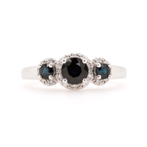 9ct White Gold Natural Sapphire and Diamond Three Stone Halo Ring