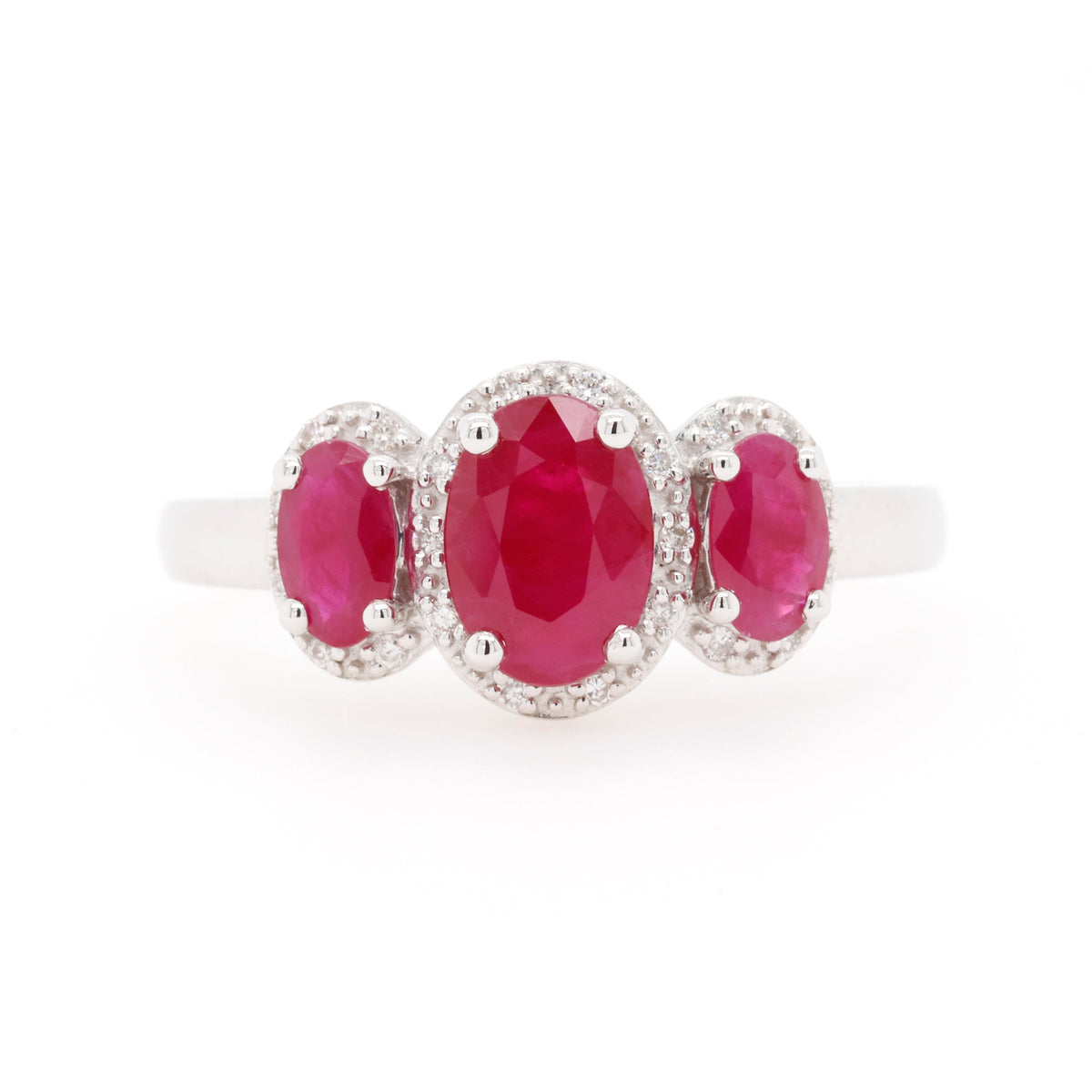 9ct White Gold Natural Ruby and Diamond Three Stone Halo Ring
