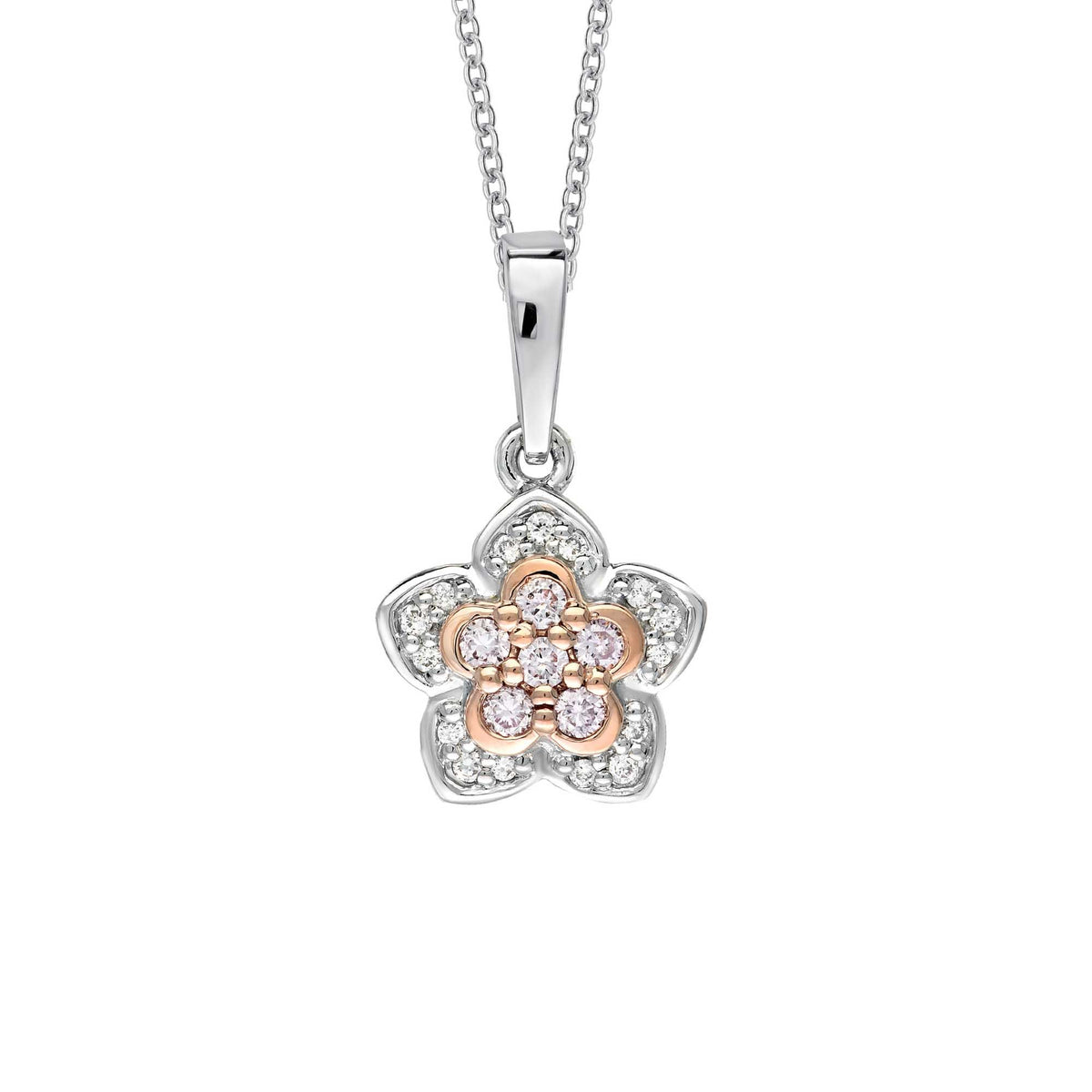 18ct White and Rose Gold Floral Diamond Pendant with Blush Pink Diamonds