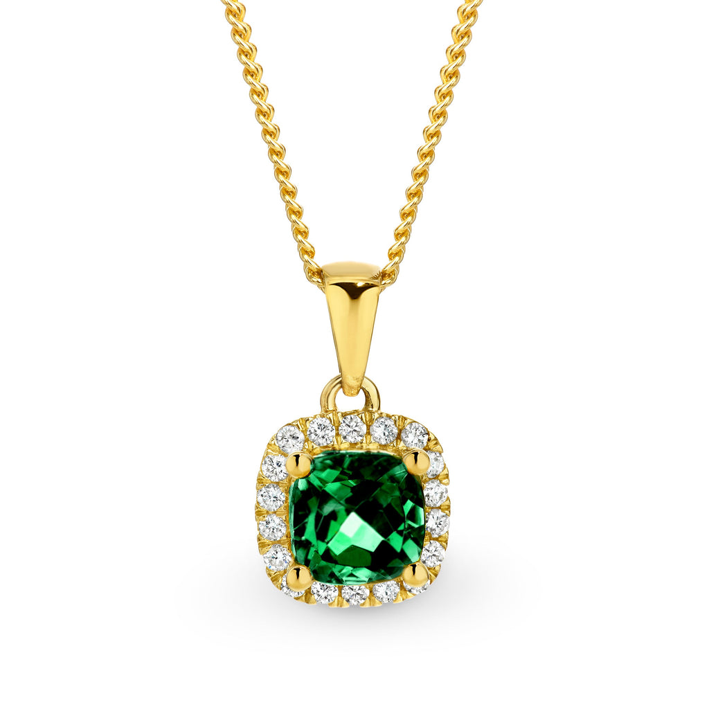 9ct Yellow Gold Created Emerald And Diamond Pendant