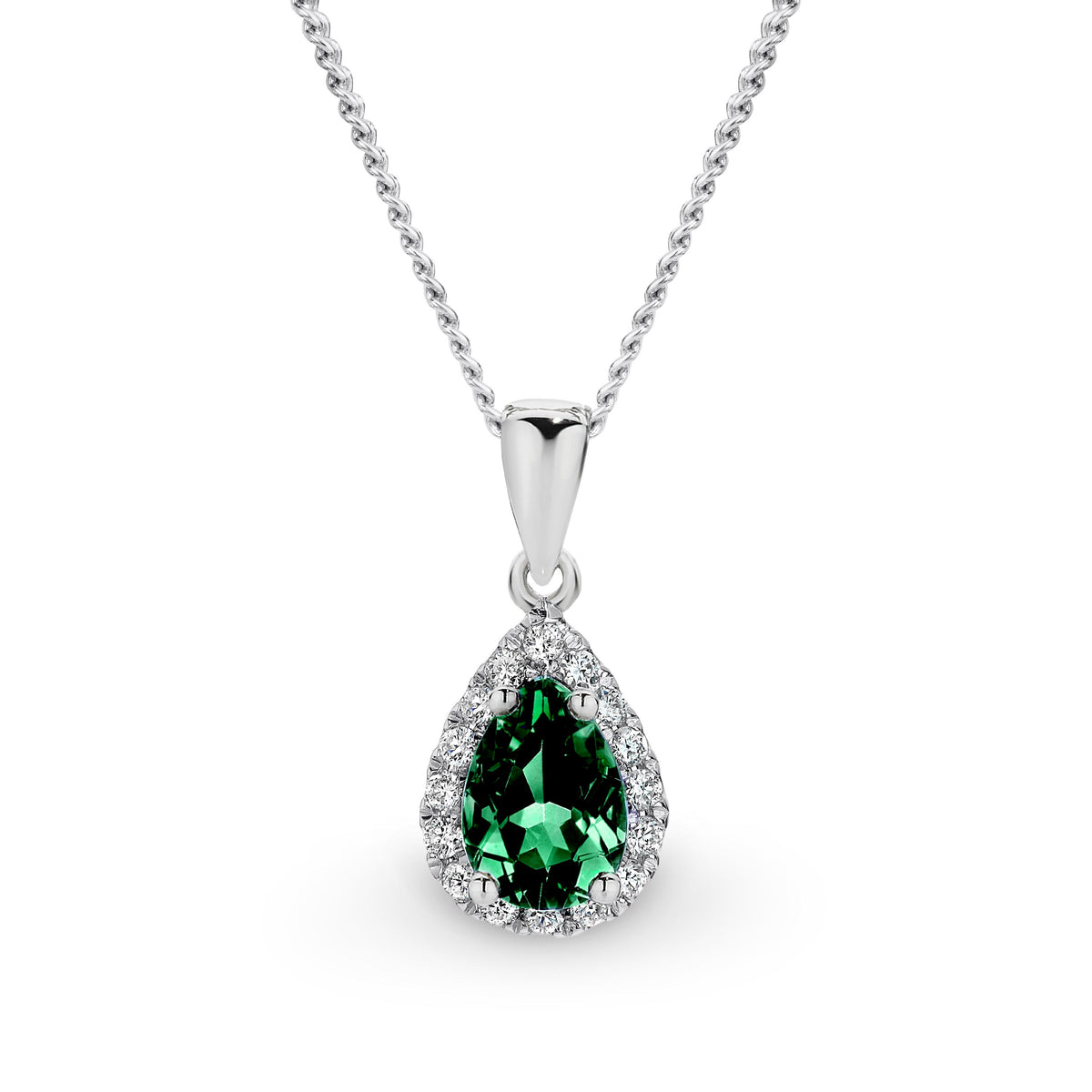 9ct White Gold Created Emerald And Diamond Pendant