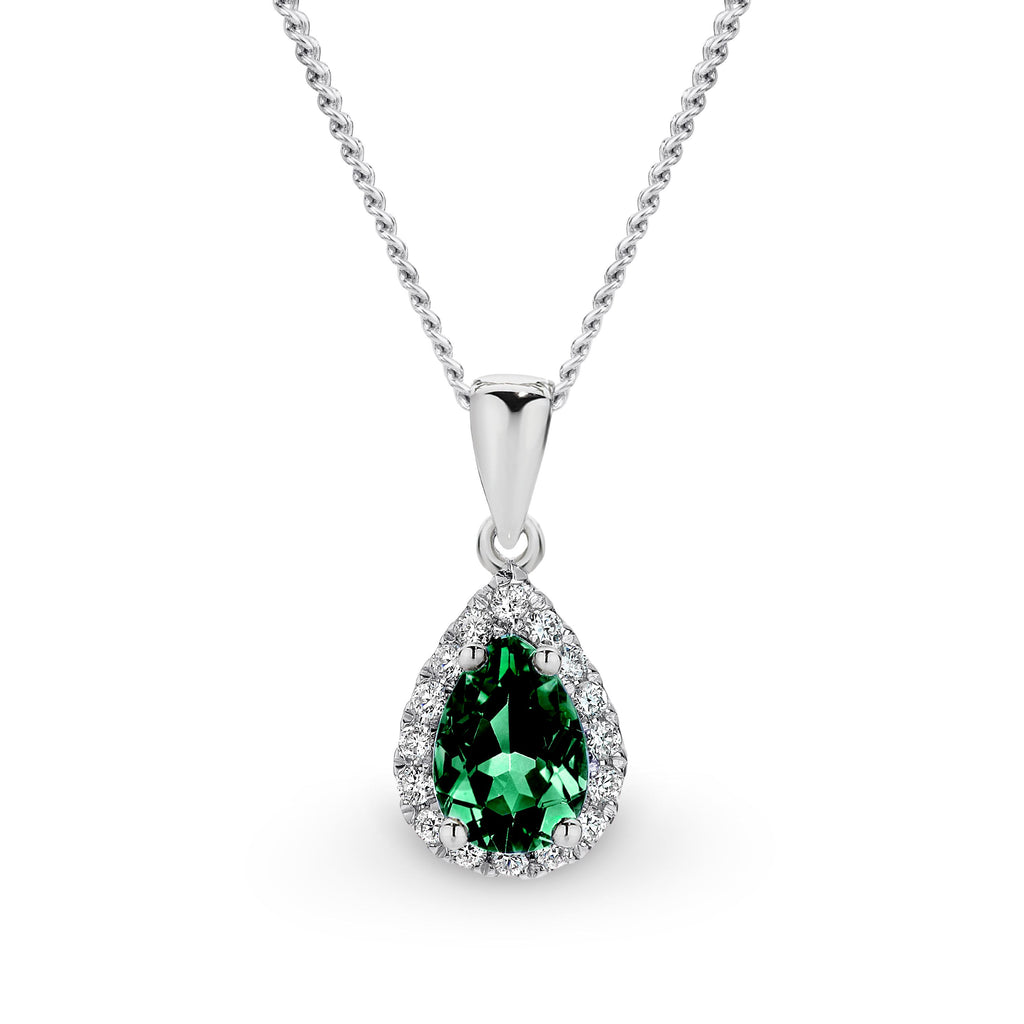 9ct White Gold Created Emerald And Diamond Pendant