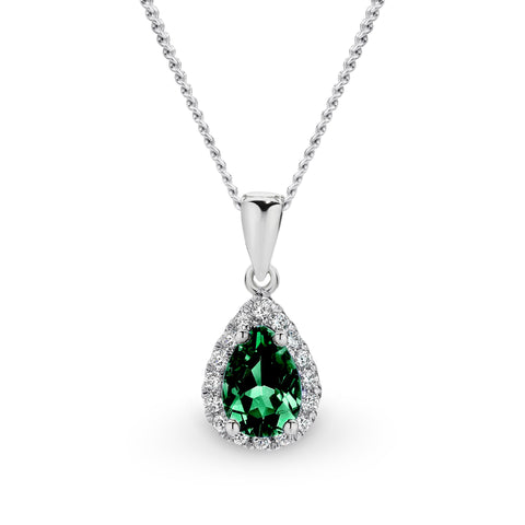 9ct White Gold Created Emerald And Diamond Pendant