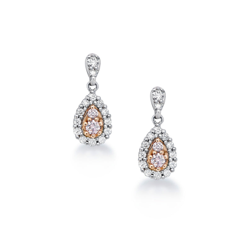 18ct White and Rose Gold Pear Shape Diamond Drop Earrings with Blush Pink diamonds