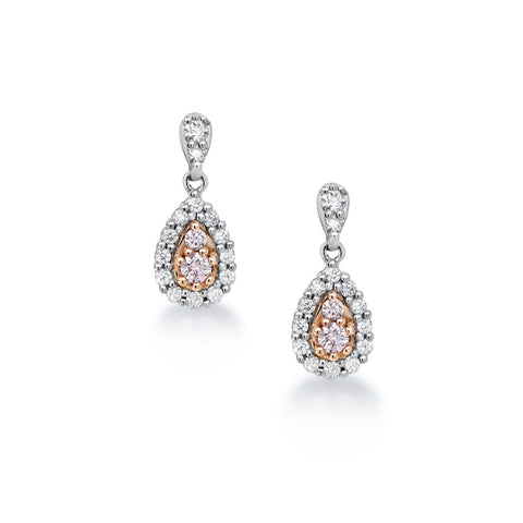 18ct White and Rose Gold Pear Shape Diamond Drop Earrings with Blush Pink diamonds