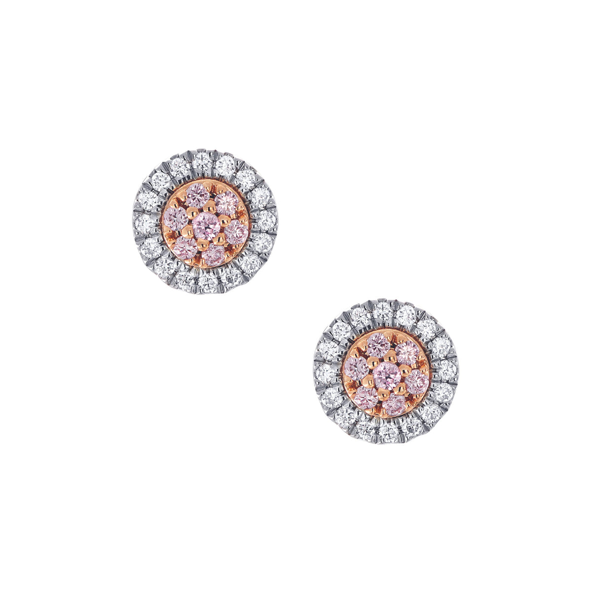 18ct White and Rose Gold Blush Pink Diamond Round Stud Earrings