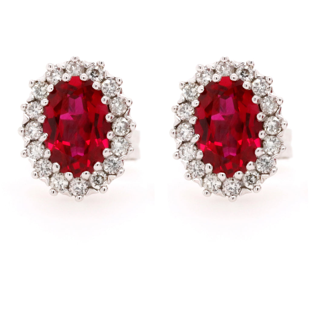 9ct White Gold Vintage Style Created Ruby & Diamond Cluster Earrings