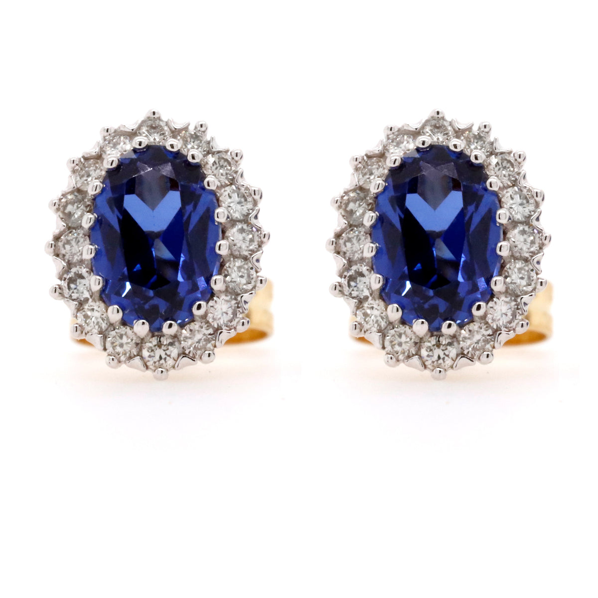 9ct Yellow Gold Vintage Style Created Sapphire & Diamond Cluster Earrings