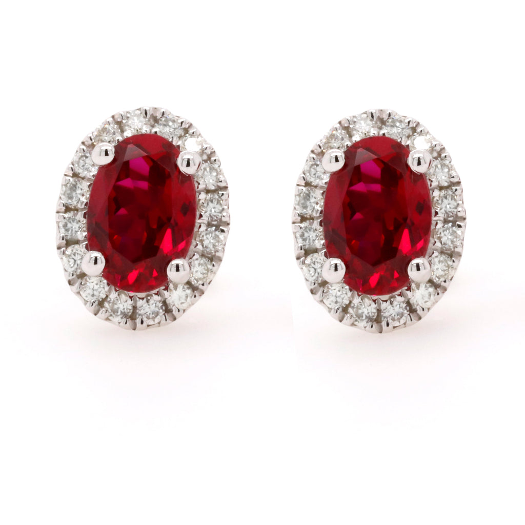 9ct White Gold Created Ruby And Diamond Halo Style Earrings